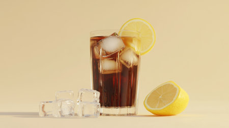 A refreshing glass of Long Island iced tea garnished with a lemon slice and ice cubes, set on a light beige background for a warm and inviting atmosphere.の素材