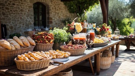 A rustic European banquet table with baskets of French baguettes, platters of Italian antipasto, and Spanish sangria.の素材