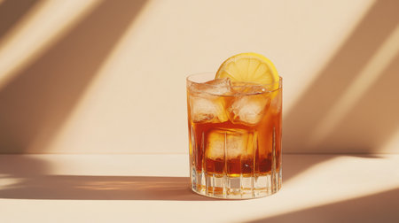 A refreshing Long Island iced tea with ice cubes and a lemon garnish, placed on a light beige background with subtle lighting.の素材