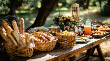 A rustic European banquet table with baskets of French baguettes, platters of Italian antipasto, and Spanish sangria.の素材