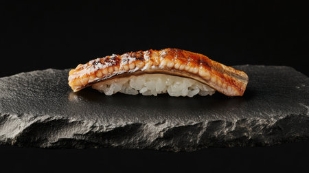 Anago sushi on a black slate plate, with grilled eel, garnished with a touch of sauce and wasabi, set against a dramatic black background.の素材