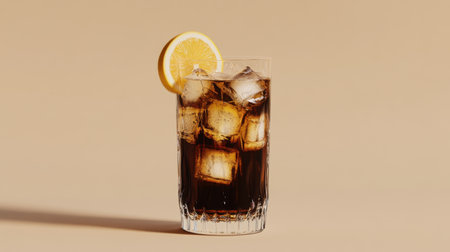 A beautiful Long Island iced tea served in a tall glass with a lemon wedge and ice, elegantly presented on a neutral beige background.の素材
