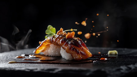 Anago sushi on a black slate plate, with grilled eel, garnished with a touch of sauce and wasabi, set against a dramatic black background.の素材