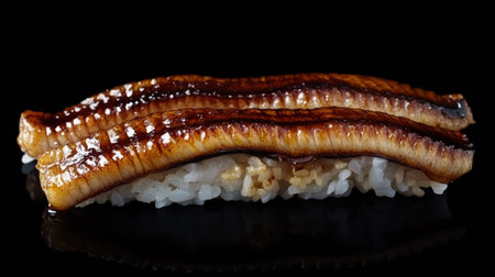A black background showcasing Anago sushi, featuring perfectly grilled eel atop seasoned rice, a traditional Japanese delicacy.の素材
