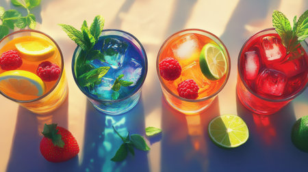 A cheerful selection of four vibrant drinks blue lagoon with lemon and raspberries, margarita with lime, strawberry daiquiri with strawberries, and iced tea with mint leaves.の素材