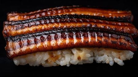 A black background showcasing Anago sushi, featuring perfectly grilled eel atop seasoned rice, a traditional Japanese delicacy.の素材