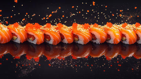 Artistic arrangement of salmon sushi rolls with vibrant orange fish and sesame seeds on a sleek black surface.の素材