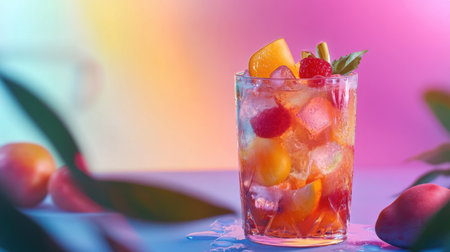 A chilled glass of fruit iced tea with a mix of tropical fruits and ice, styled against a playful color gradient background.の素材