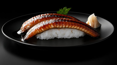 A beautiful arrangement of Anago sushi on a black plate, featuring grilled eel, with delicate rice and a glaze, set on a black background.の素材