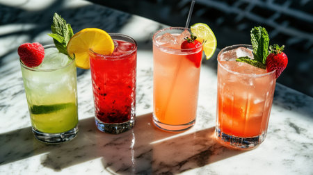 A cheerful selection of four vibrant drinks blue lagoon with lemon and raspberries, margarita with lime, strawberry daiquiri with strawberries, and iced tea with mint leaves.の素材
