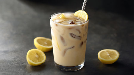 A stylish arrangement of iced coffee lemonade, served with a reusable straw and garnished with lemon slices, on a dark surface.の素材