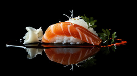 Artistic arrangement of fresh salmon sashimi on a matte black background, accompanied by soy sauce and daikon garnish.の素材