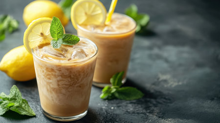 A stylish arrangement of iced coffee lemonade, served with a reusable straw and garnished with lemon slices, on a dark surface.の素材