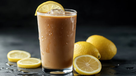 A tall glass of iced coffee lemonade on a dark background, with condensation glistening on the glass and fresh lemon slices as garnish.の素材