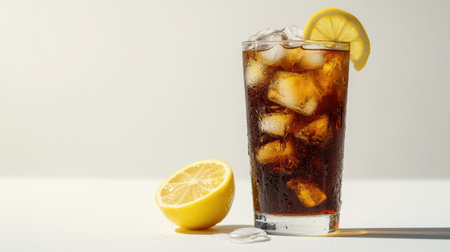 A tall glass of iced tea with ice cubes and a slice of lemon, isolated on a white background, offering a refreshing look.の素材