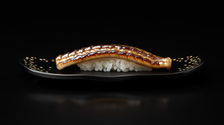 An elegant piece of Anago sushi with grilled eel and vinegared rice, served on a black plate with a minimalist black background.の素材