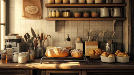 A small home bakery workspace with freshly baked bread cooling on a wire rack and homemade pastries displayed, surrounded by baking tools and ingredients.の素材