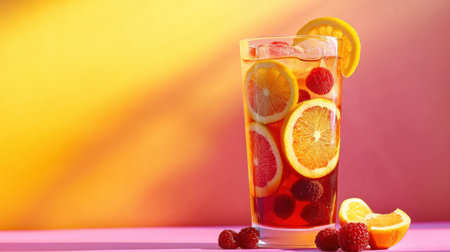 A tall glass of mixed fruit iced tea, featuring citrus slices and berries, on a bright colorful background for a playful, energetic vibe.の素材