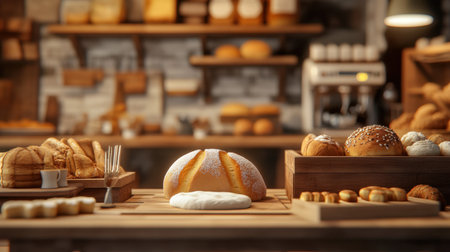 A small homemade bakery factory with dough being kneaded by hand, and freshly baked bread and pastries in the background.の素材