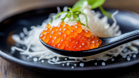 A spoonful of salmon roe resting on a black plate, styled with shredded daikon radish and minimalist garnishes.の素材