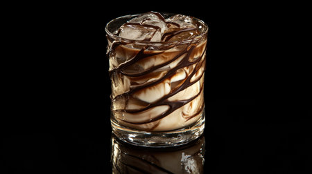 A stylish iced coffee in a glass with ice, garnished with a chocolate drizzle, set against a solid black background to enhance the drink's appeal.の素材