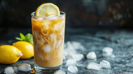 A tall iced coffee lemonade with a slice of lemon perched on the rim, set against a dark and sophisticated background.の素材