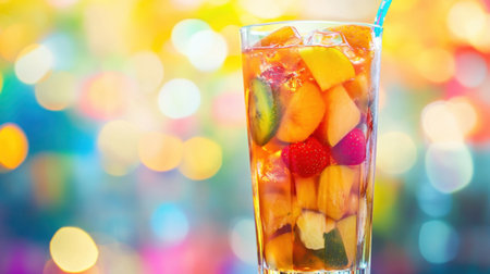 A tall glass of chilled fruit iced tea with a variety of fresh fruits inside, set against a bright, lively background of vivid colors.の素材