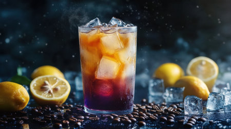 A tall glass of iced coffee lemonade with a gradient of colors, surrounded by lemons, ice cubes, and coffee beans on a dark backdrop.の素材