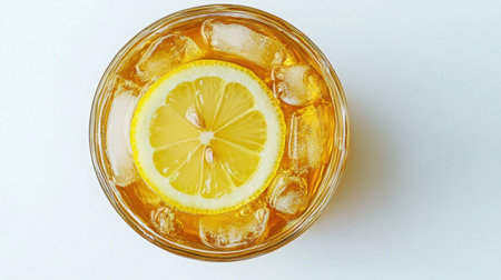 A top view of lemon iced tea with ice cubes and a slice of lemon, isolated on a white background with clipping path.の素材