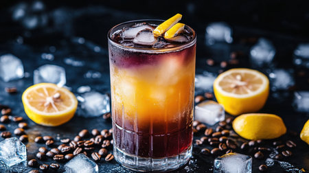 A tall glass of iced coffee lemonade with a gradient of colors, surrounded by lemons, ice cubes, and coffee beans on a dark backdrop.の素材