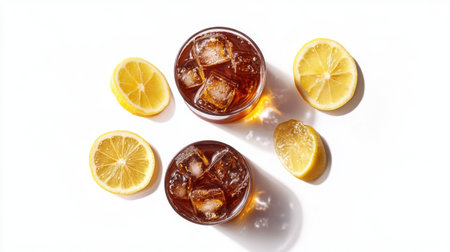 A top-down view of lemon iced tea with ice cubes and lemon garnishes, set against a white background. Clipping path included.の素材