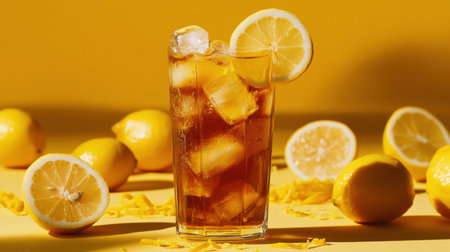 A tall glass of iced tea with lemon slices and ice cubes, placed on a yellow backdrop with lemon halves and fresh zest around it.の素材