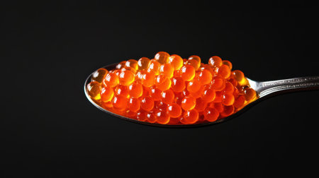 A spoonful of vibrant salmon roe resting on a matte black background, with a minimalist aesthetic.の素材