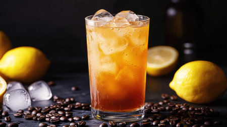 A tall glass of iced coffee lemonade with a gradient of colors, surrounded by lemons, ice cubes, and coffee beans on a dark backdrop.の素材