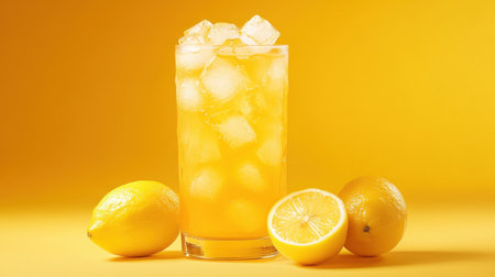 A tall glass of iced tea with lemon and ice cubes, with whole lemons beside it, set against a lively yellow background.の素材