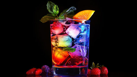 A very sexy cocktail in a highball glass, with vibrant hues, fresh fruit garnish, and a refreshing look, ideal for National Cocktail Day.の素材