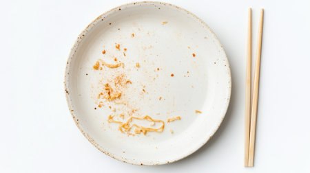 A used plate showing traces of fried noodles, with chopsticks beside it, isolated on a simple white background.の素材