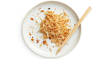 A used plate with fried noodles and leftover food, with chopsticks placed on the side, isolated on a clean white background.の素材