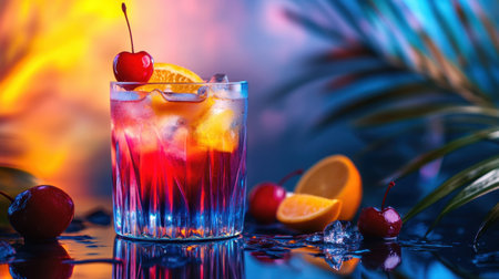 A very sexy cocktail served in a stylish glass, with vibrant colors and garnished with a cherry and citrus, perfect for National Cocktail Day.の素材