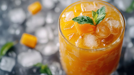 Close-up of a refreshing glass of Thai iced tea with Ceylon black tea, sugar, and creamy milk, served over ice.の素材