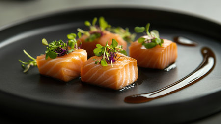 Elegant salmon sushi presentation on a dark plate, with garnishes of microgreens and a drizzle of soy sauce.の素材