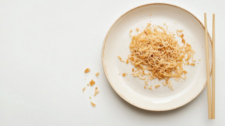 A used plate with leftover fried noodles and chopsticks beside it, isolated against a white background, signifying a completed meal.の素材