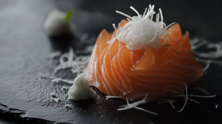 Close-up of fresh salmon sashimi slices artfully arranged on a black slate surface, garnished with shredded daikon and wasabi.の素材