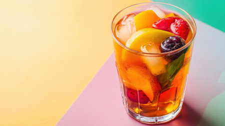 A vibrant glass of fruit iced tea, featuring colorful fruit slices, placed on a multi-colored background to highlight its refreshing nature.の素材
