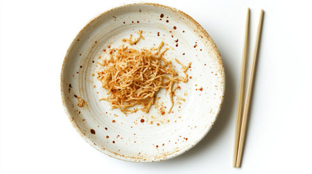 A used plate with traces of fried noodles and chopsticks resting next to it, isolated on a simple white background.の素材