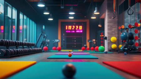 Dynamic gym background showing group workout areas with colorful mats, balance balls, and a large digital timer.の素材