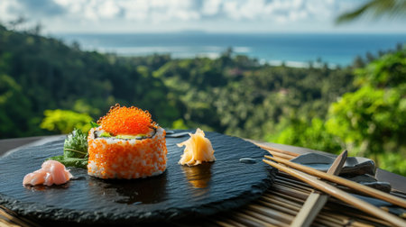 A vibrant sushi roll topped with salmon roe, served on a black slate plate with chopsticks and a drizzle of soy sauce.の素材