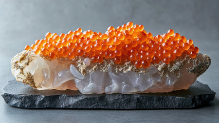 Close-up of salmon roe sushi topped with glistening orange pearls, set on a dark slate plate for a striking visual contrast.の素材