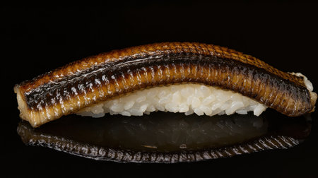 A visually striking piece of Anago sushi with grilled eel placed on rice, resting on a black background to enhance the contrast.の素材