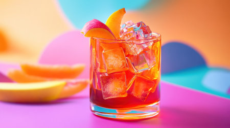 A vibrant fruit iced tea with ice cubes and fresh fruit garnishes, served in a glass on a colorful, energetic background.の素材
